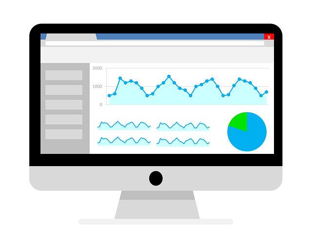 Analytics report in an image of a pc screen with graphic color an white background blue graphic and grey menu.  