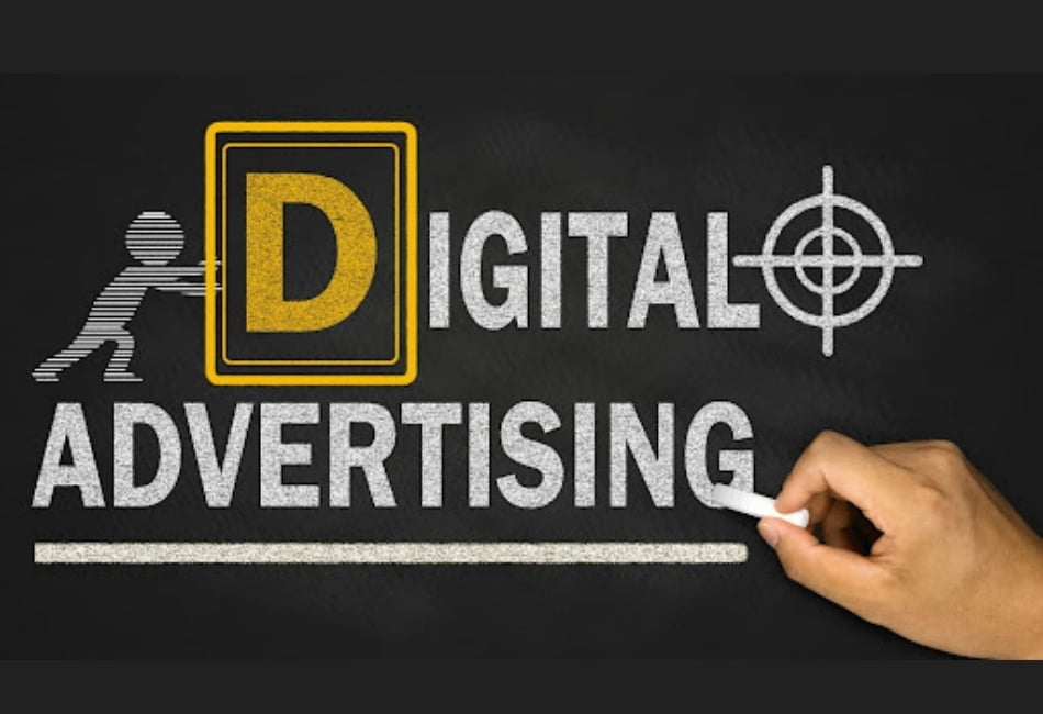 Digital Advertising writing in the center with a men push the D of digital