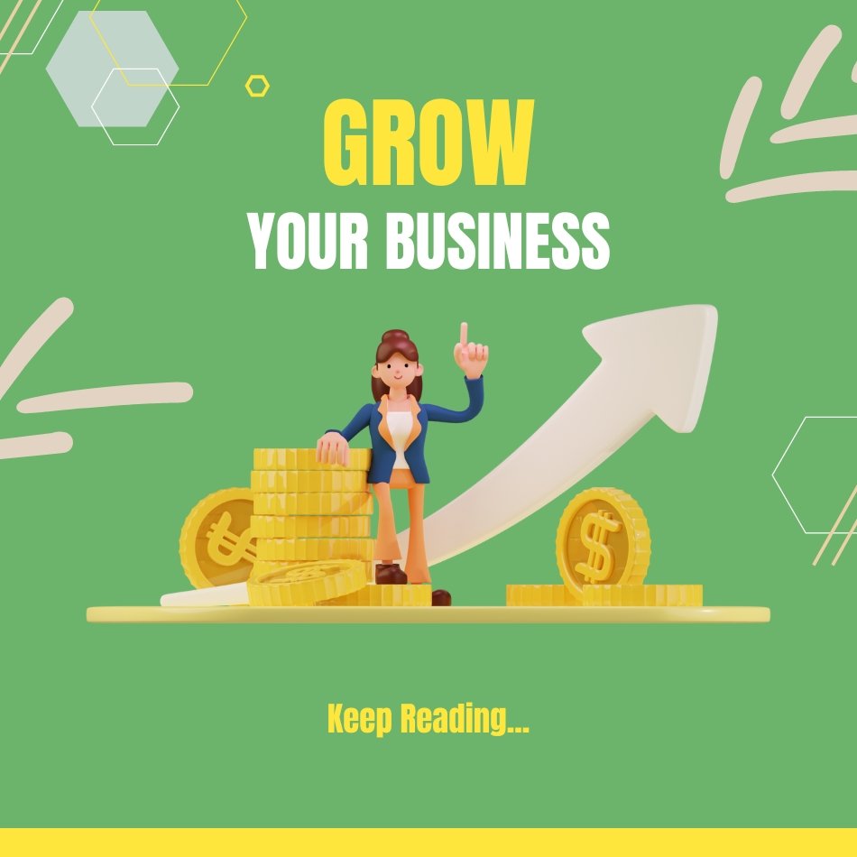 Grow Your Business with Us is a green image with an arrow show how grow money