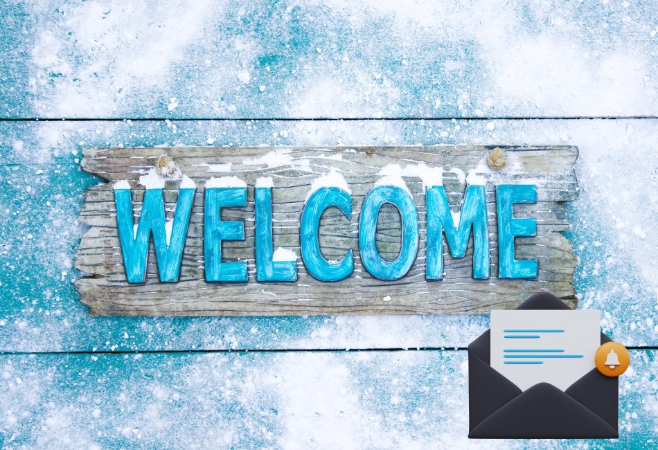 Welcome email marketing on the blue and snowing background and a black evelople with an email